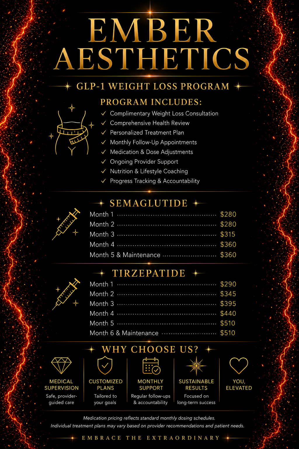 Ember Aesthetics Med Spa pricing guide listing facial treatments and injectables.