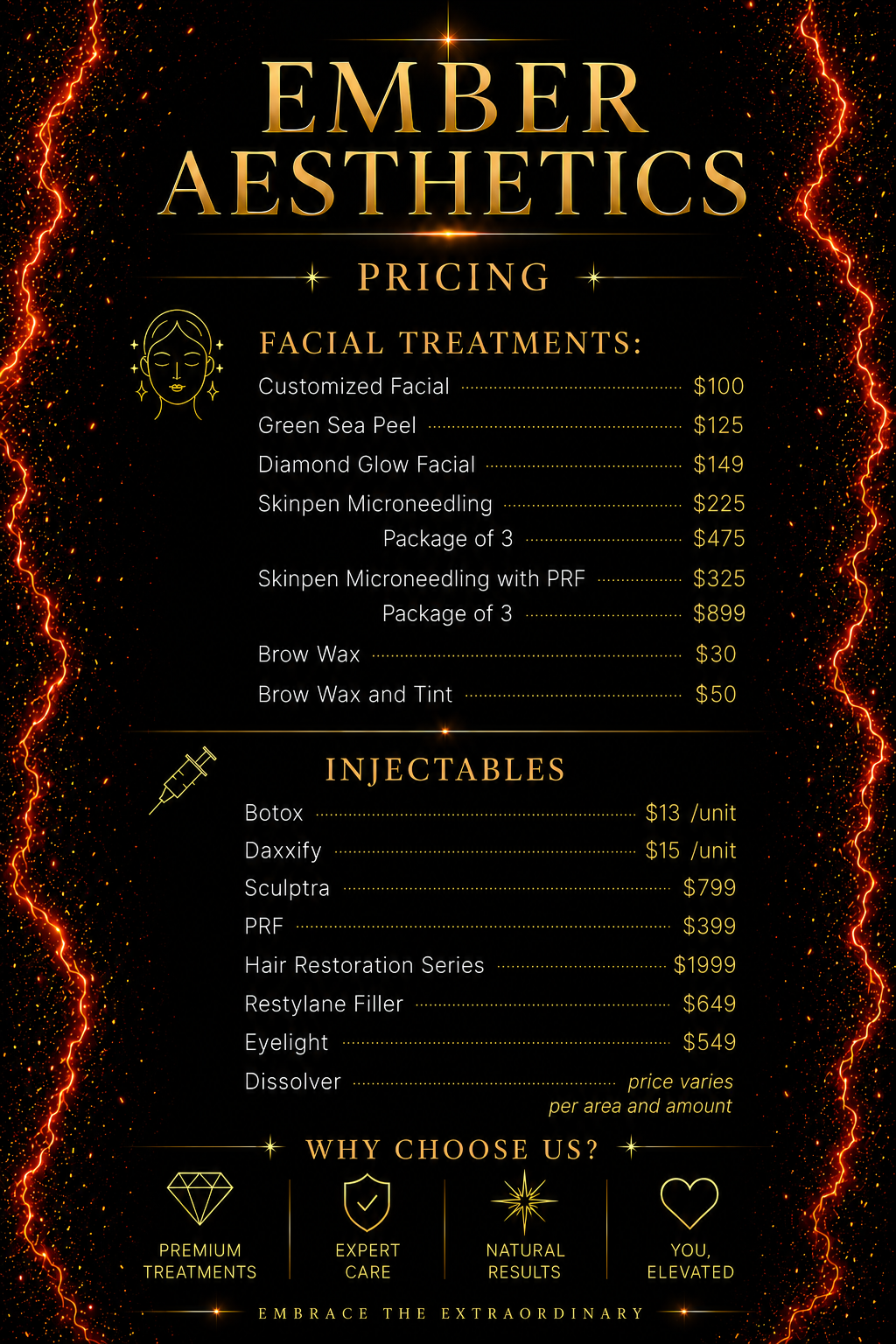 Ember Aesthetics Med Spa pricing guide listing facial treatments and injectables.